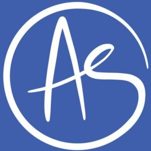 Logo mit den Buchstaben A und S in einem Kreis wie das at-Zeichen in weißer Schrift auf blauem Grund