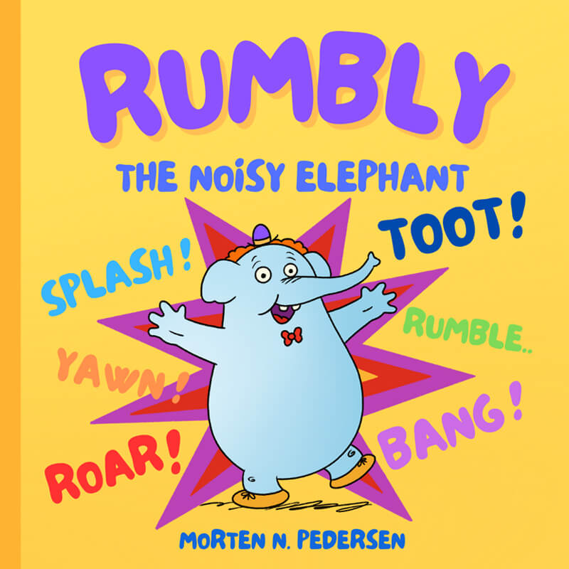 Knallgelbes Cover mit Rumbly the noisy elephant  un vielen Tierlauten in Comicdesign dabei