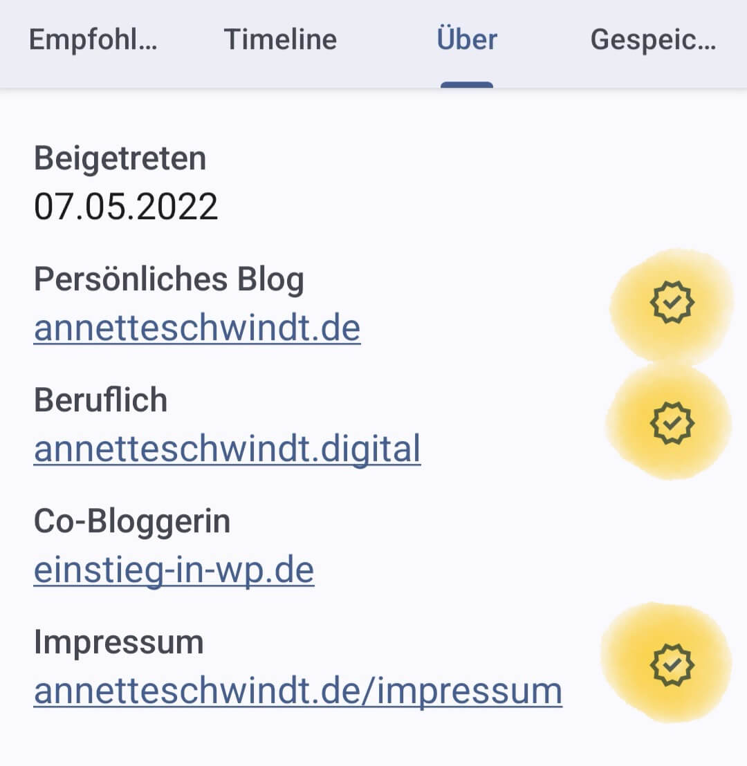 Scrrenshot des Über-Tabs meines Mastodonprofils mit markierten Häkchen hinter den Websitelinks